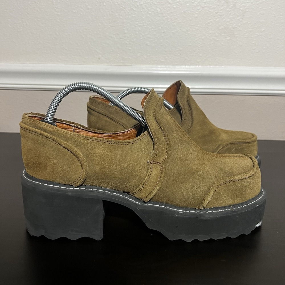 John Fluevog Men's‎ Brown Square Toe Platform Chunky Heel Shoes Size 10 Suede - Picture 8 of 15